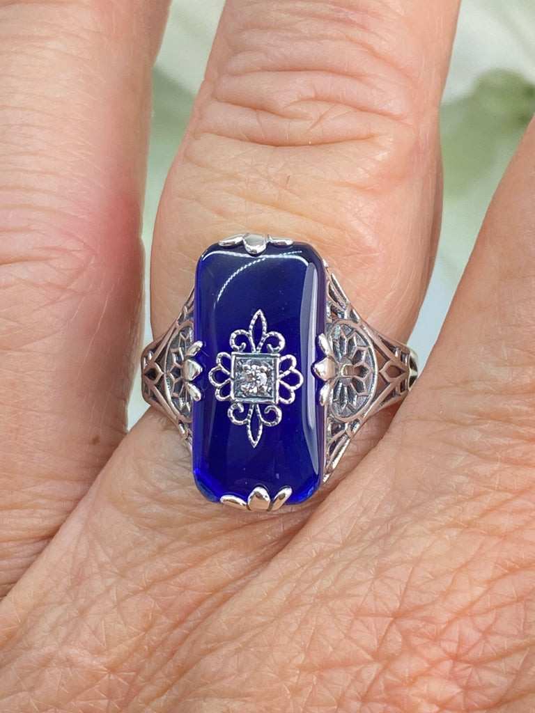 Sapphire Blue Ring, Camphor Glass with gem inset, Sterling Silver Filigree, D233, Grace Ring, Silver Embrace Jewelry