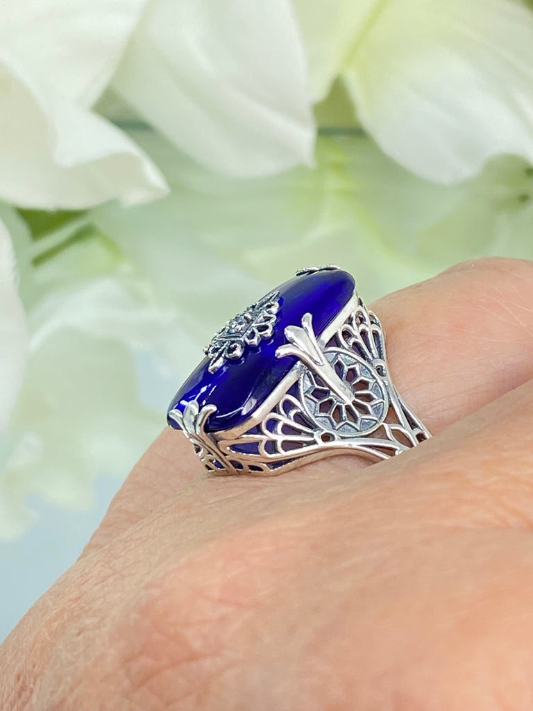 Sapphire Blue Ring, Camphor Glass with gem inset, Sterling Silver Filigree, D233, Grace Ring, Silver Embrace Jewelry