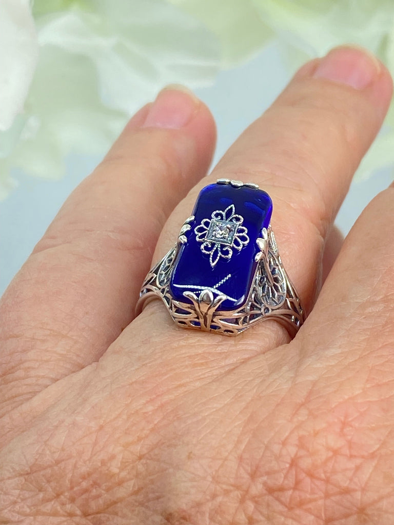 Sapphire Blue Ring, Camphor Glass with gem inset, Sterling Silver Filigree, D233, Grace Ring, Silver Embrace Jewelry