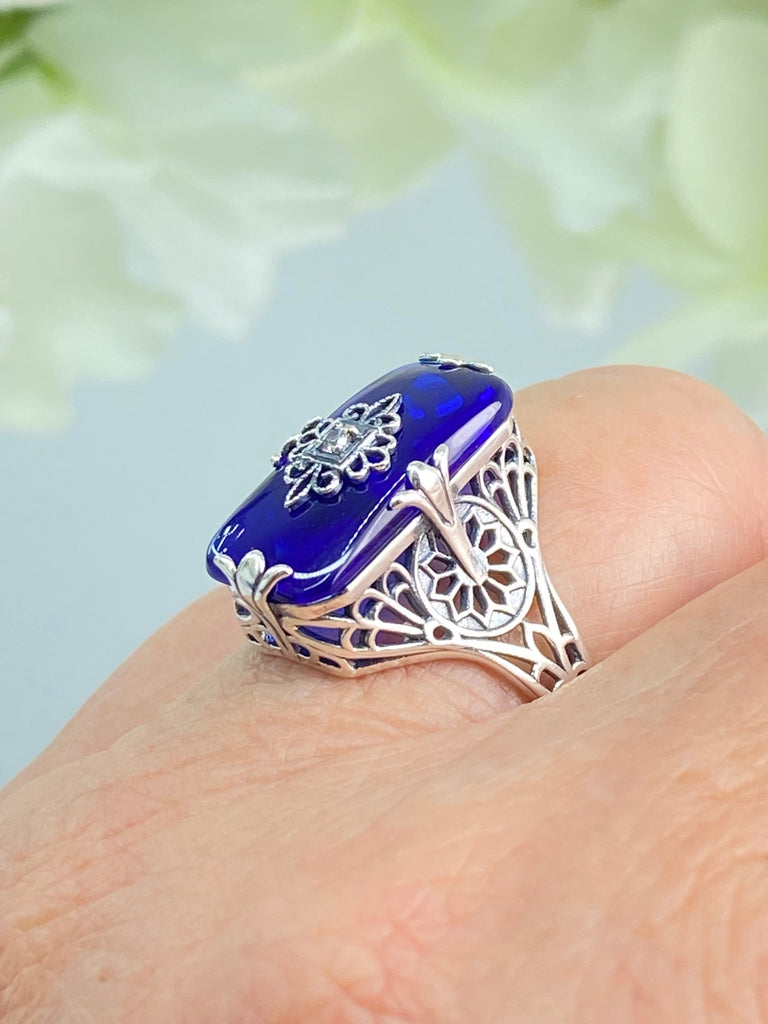 Sapphire Blue Ring, Camphor Glass with gem inset, Sterling Silver Filigree, D233, Grace Ring, Silver Embrace Jewelry