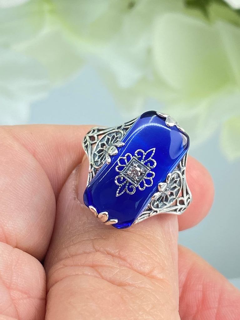 Sapphire Blue Ring, Camphor Glass with gem inset, Sterling Silver Filigree, D233, Grace Ring, Silver Embrace Jewelry