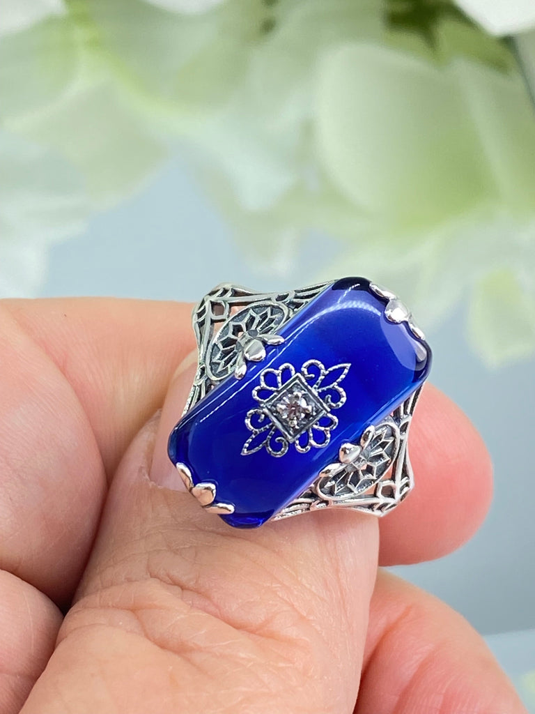 Sapphire Blue Ring, Camphor Glass with gem inset, Sterling Silver Filigree, D233, Grace Ring, Silver Embrace Jewelry