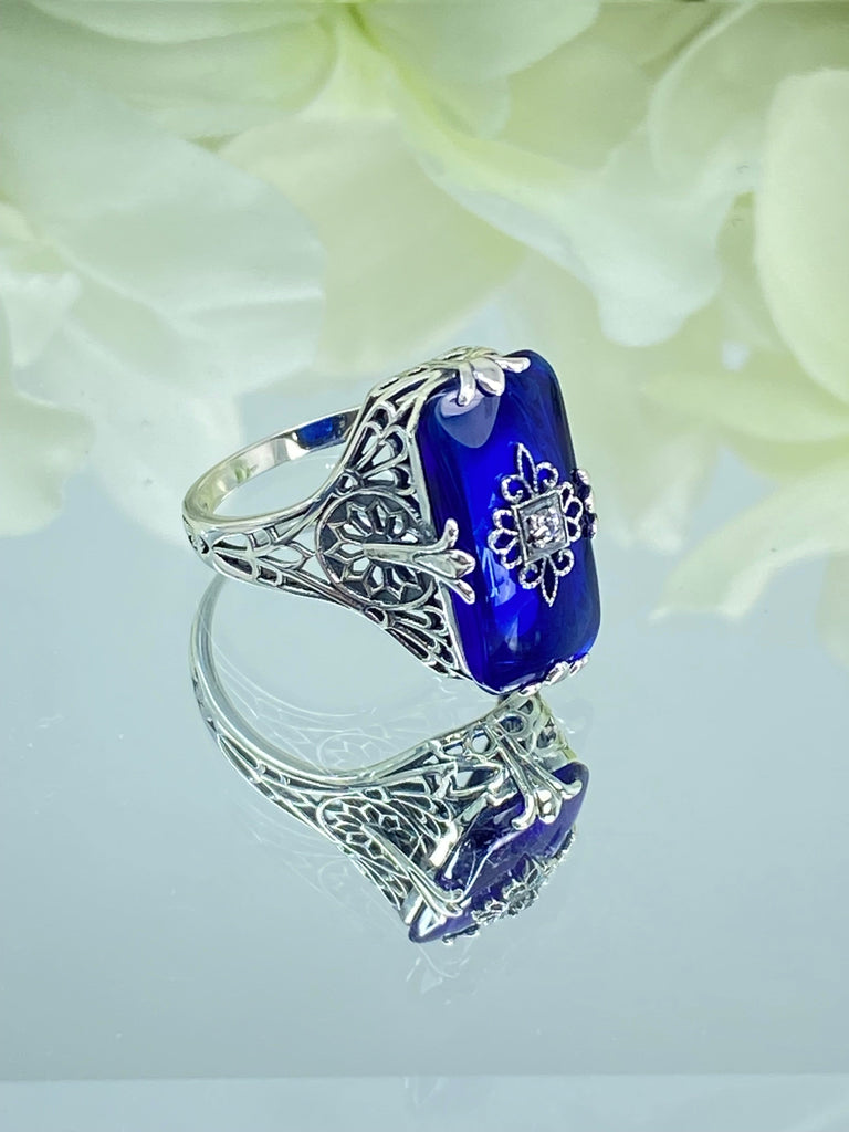 Sapphire Blue Ring, Camphor Glass with gem inset, Sterling Silver Filigree, D233, Grace Ring, Silver Embrace Jewelry