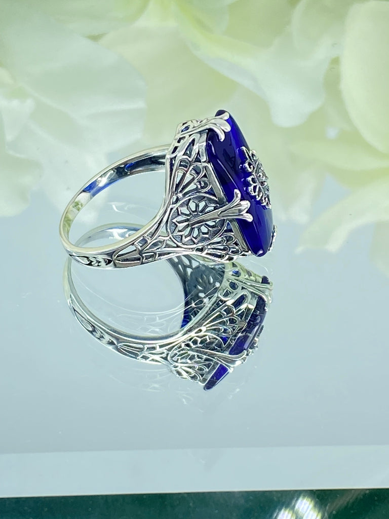 Sapphire Blue Ring, Camphor Glass with gem inset, Sterling Silver Filigree, D233, Grace Ring, Silver Embrace Jewelry