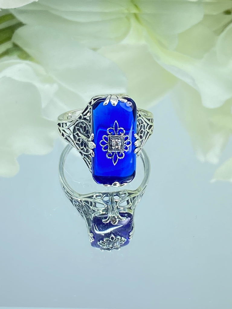 Sapphire Blue Ring, Camphor Glass with gem inset, Sterling Silver Filigree, D233, Grace Ring, Silver Embrace Jewelry