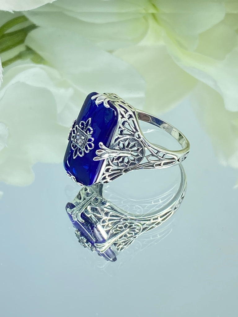 Sapphire Blue Ring, Camphor Glass with gem inset, Sterling Silver Filigree, D233, Grace Ring, Silver Embrace Jewelry