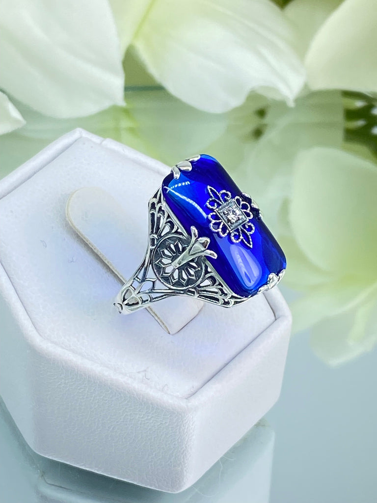 Sapphire Blue Ring, Camphor Glass with gem inset, Sterling Silver Filigree, D233, Grace Ring, Silver Embrace Jewelry