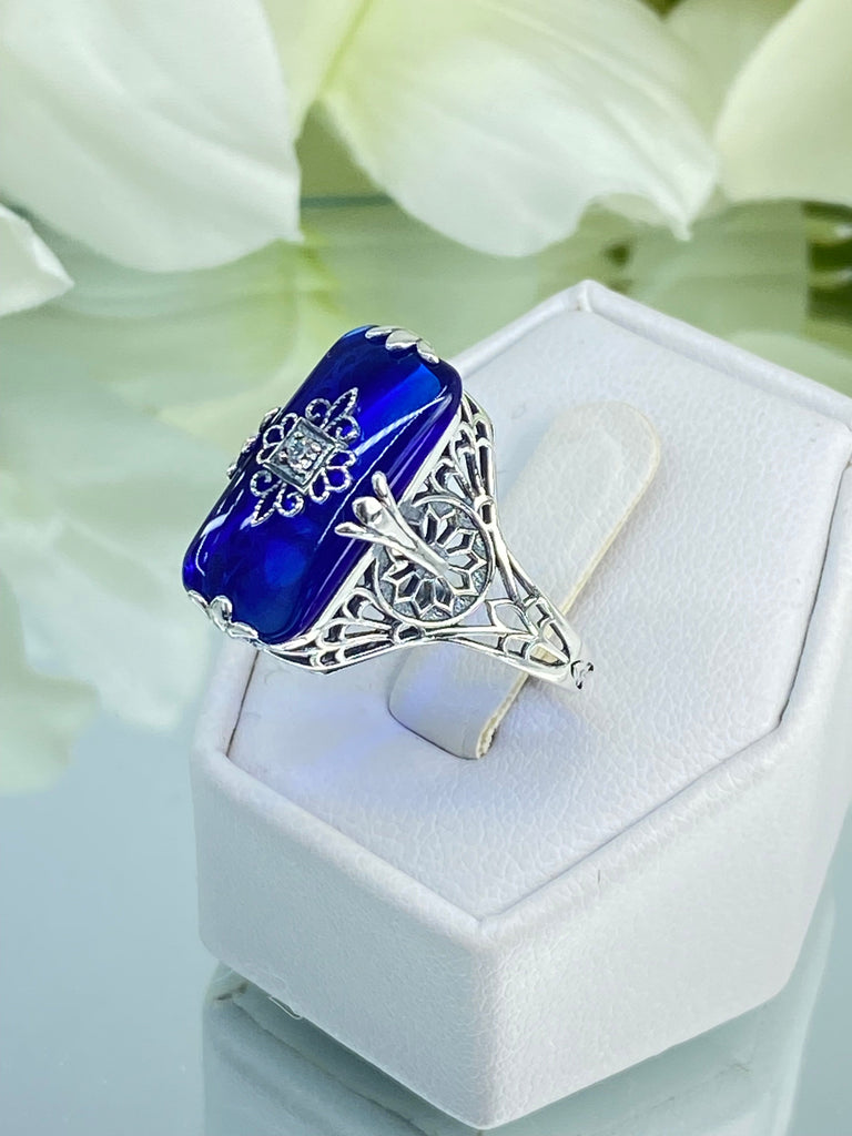 Sapphire Blue Ring, Camphor Glass with gem inset, Sterling Silver Filigree, D233, Grace Ring, Silver Embrace Jewelry