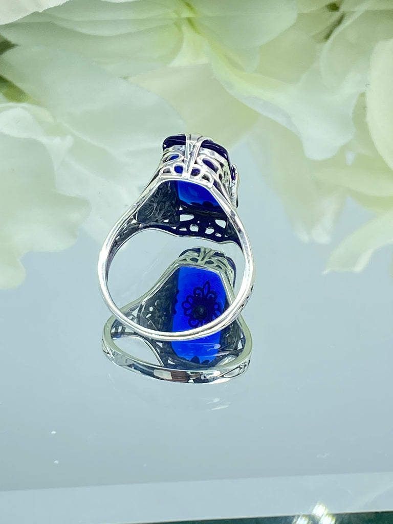 Sapphire Blue Ring, Camphor Glass with gem inset, Sterling Silver Filigree, D233, Grace Ring, Silver Embrace Jewelry