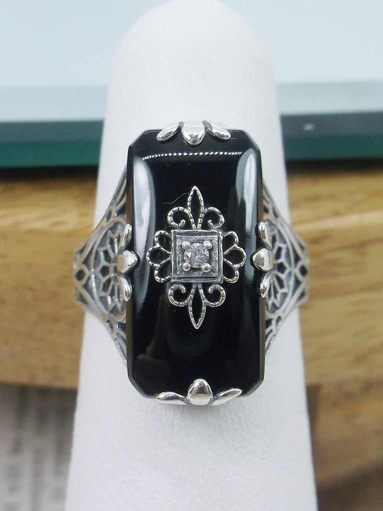 Sleek Black Glass Ring, Grace Ring, Embellished Sterling Silver Filigree, Edwardian Jewelry, Inset Gem, Silver Embrace Jewelry, D233