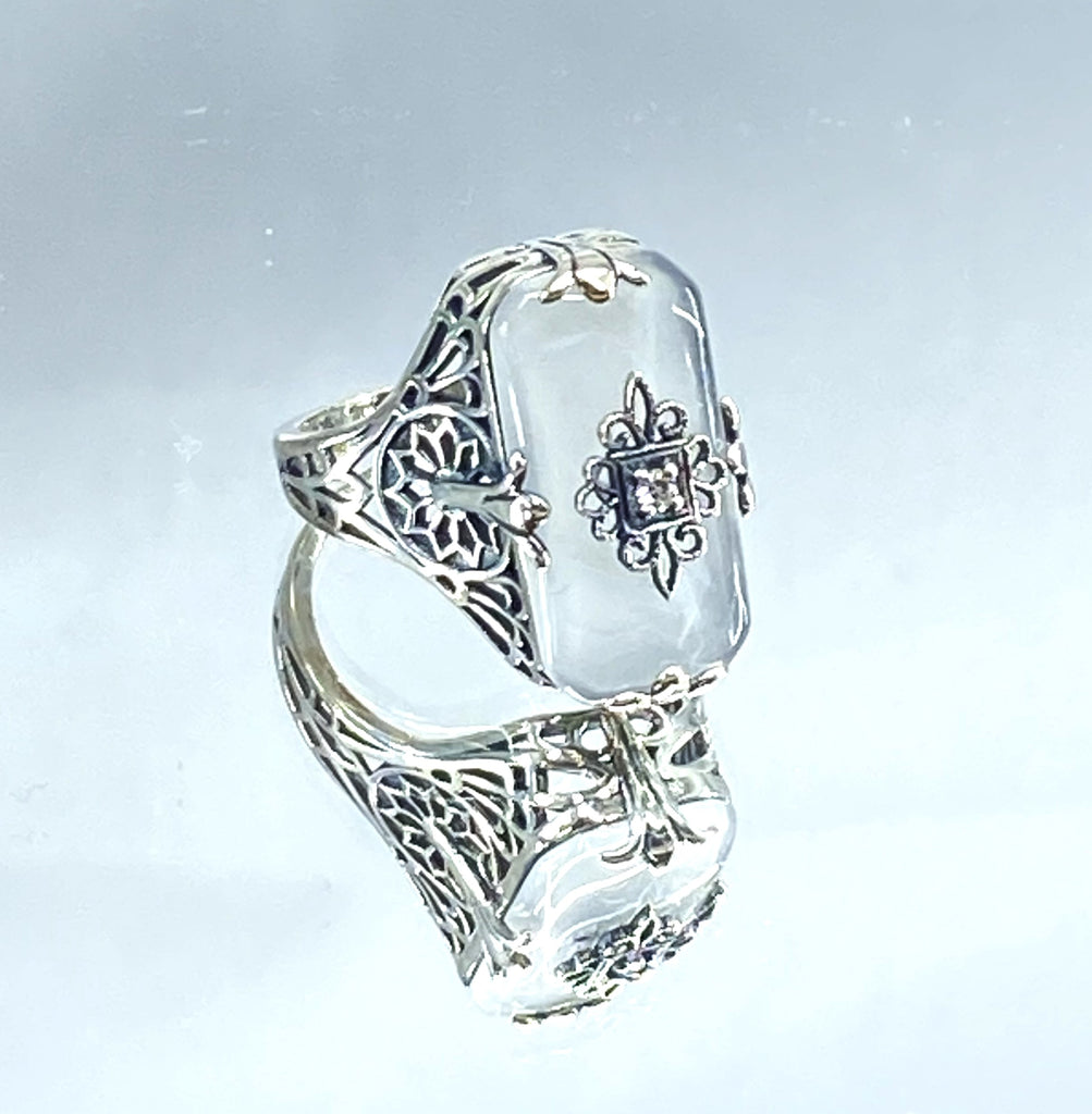 Camphor Glass Ring with Diamond inset and sterling silver filigree, Edwardian style jewelry, Silver Embrace Jewelry, D233, Grace Ring