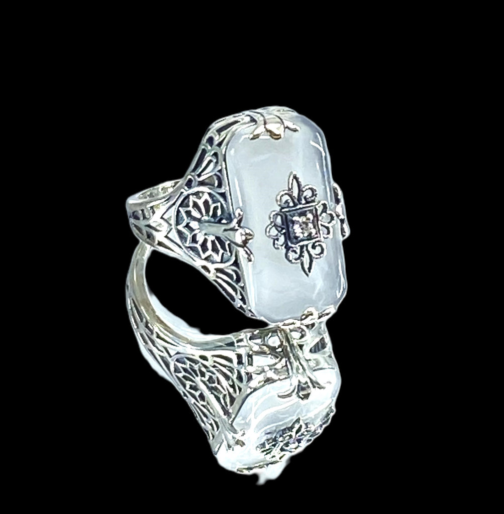 Camphor Glass Ring with Diamond inset and sterling silver filigree, Edwardian style jewelry, Silver Embrace Jewelry, D233, Grace Ring
