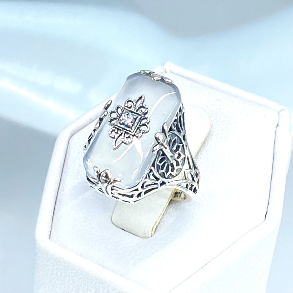 Camphor Glass Ring with Diamond inset and sterling silver filigree, Edwardian style jewelry, Silver Embrace Jewelry, D233, Grace Ring