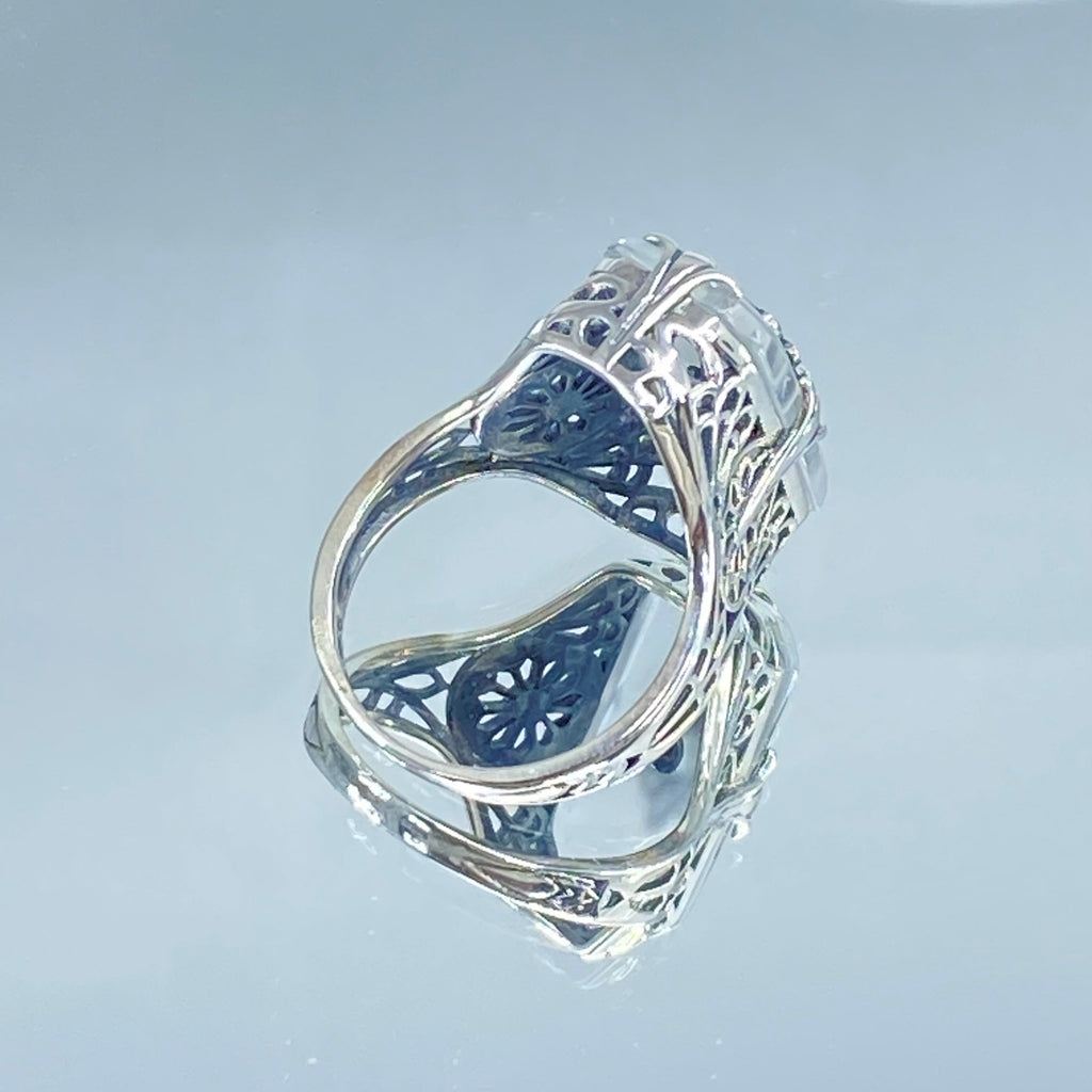 Camphor Glass Ring with Diamond inset and sterling silver filigree, Edwardian style jewelry, Silver Embrace Jewelry, D233, Grace Ring