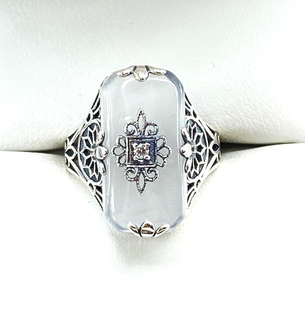 Camphor Glass Ring with Diamond inset and sterling silver filigree, Edwardian style jewelry, Silver Embrace Jewelry, D233, Grace Ring