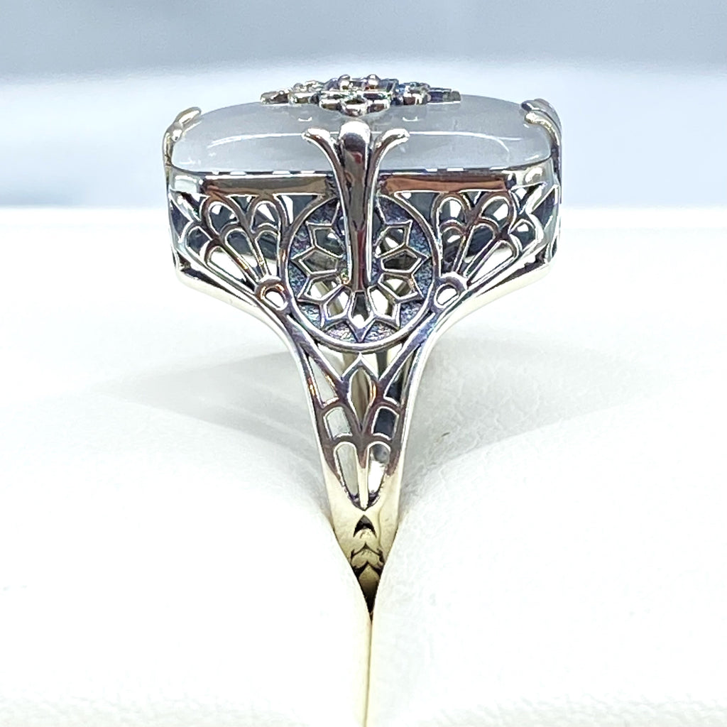 Camphor Glass Ring with Diamond inset and sterling silver filigree, Edwardian style jewelry, Silver Embrace Jewelry, D233, Grace Ring