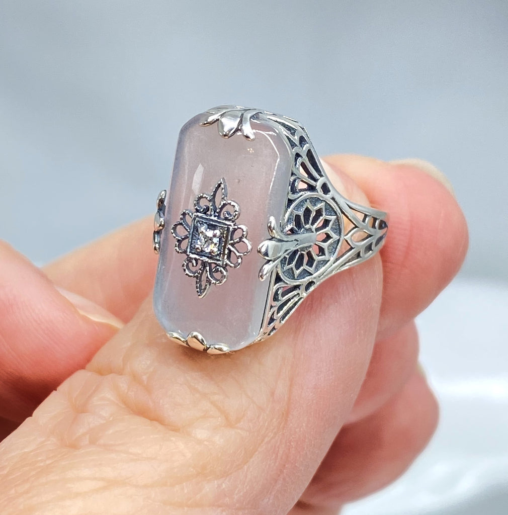 Camphor Glass Ring with Diamond inset and sterling silver filigree, Edwardian style jewelry, Silver Embrace Jewelry, D233, Grace Ring