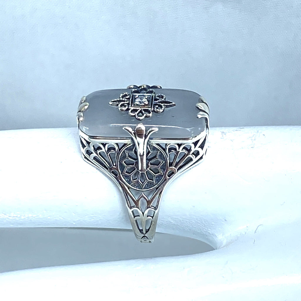 Camphor Glass Ring with Diamond inset and sterling silver filigree, Edwardian style jewelry, Silver Embrace Jewelry, D233, Grace Ring
