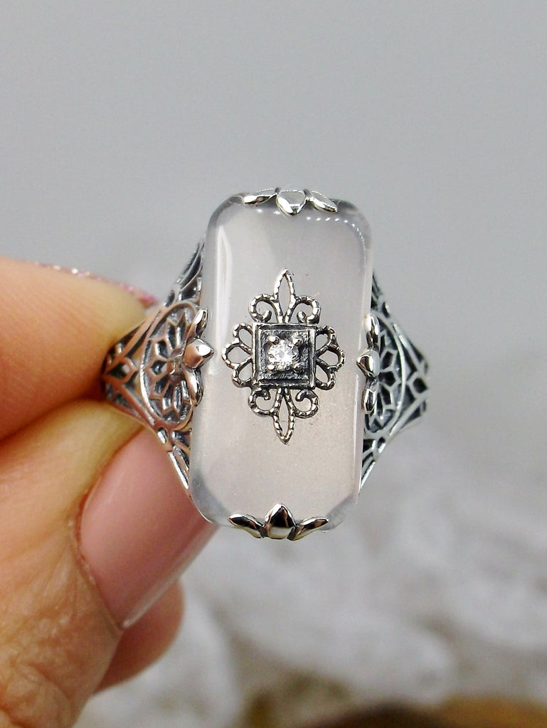 Frosted Camphor Glass Ring, Grace Ring, Embellished Sterling Silver Filigree, Edwardian Jewelry, Inset Gem, Silver Embrace Jewelry, D233