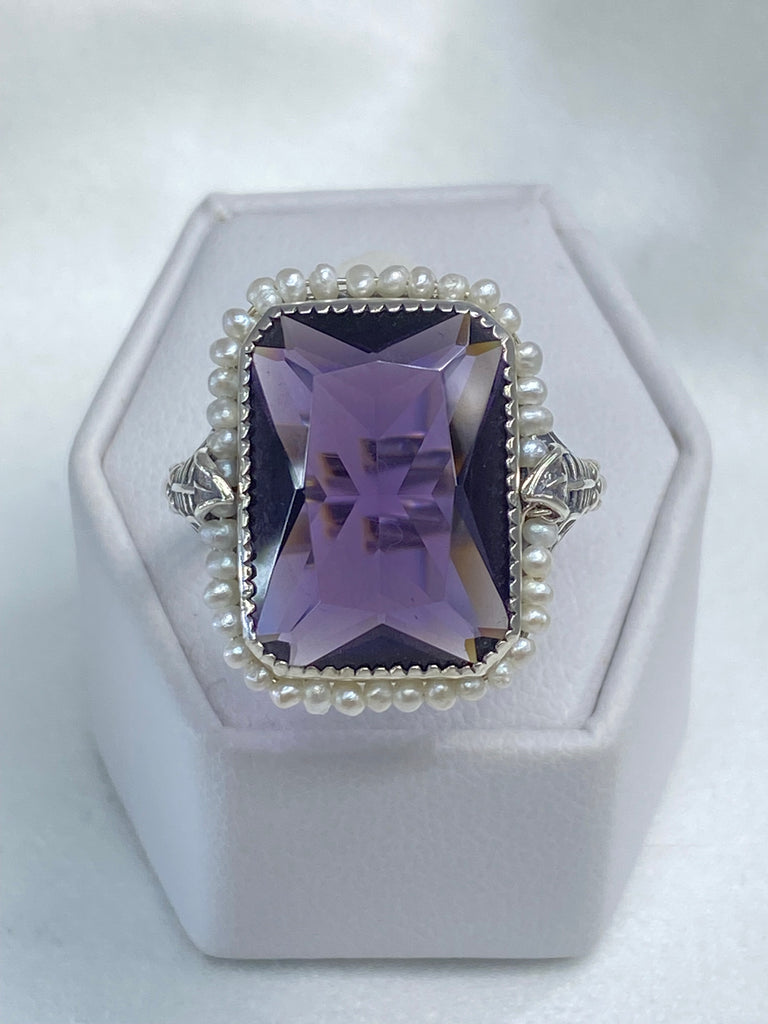 Amethyst Ring, Purple gem with Seed Pearl Frame, Silver Leaf Filigree, Victorian Jewelry D234, Silver Embrace Jewelry