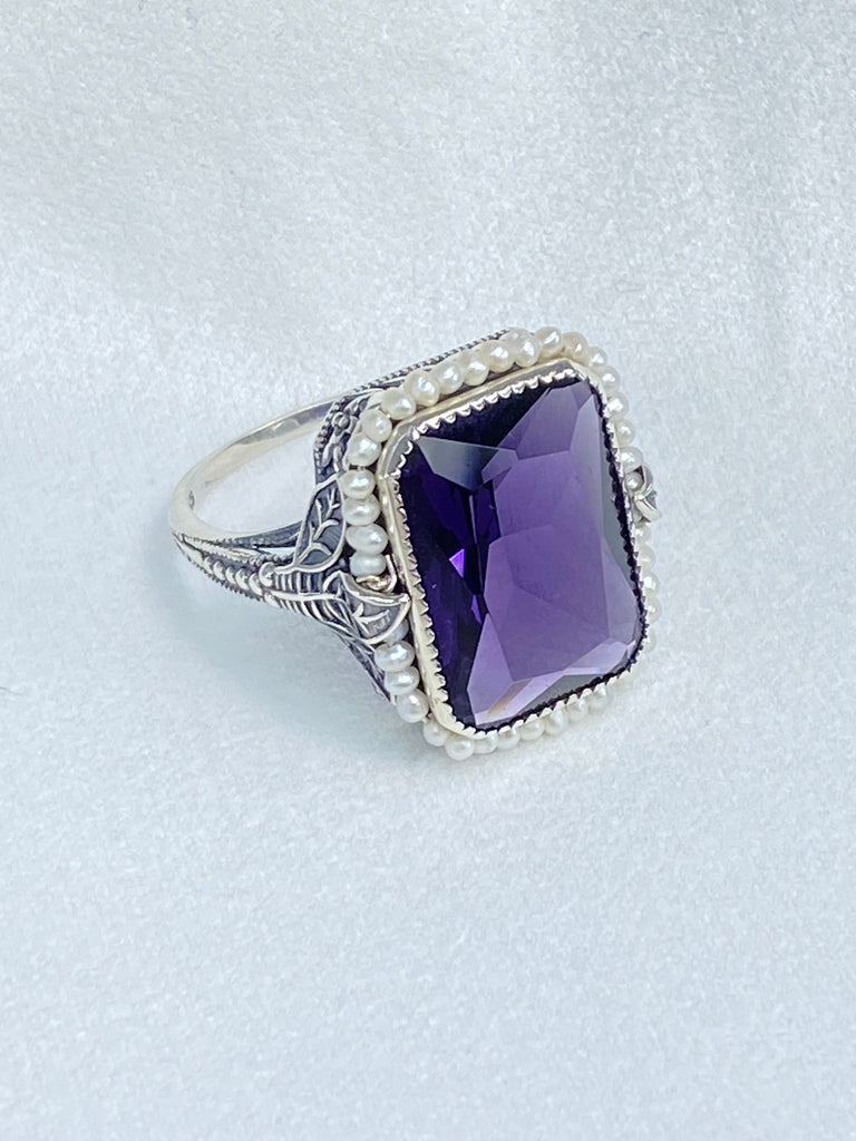 Amethyst Ring, Purple gem with Seed Pearl Frame, Silver Leaf Filigree, Victorian Jewelry D234, Silver Embrace Jewelry