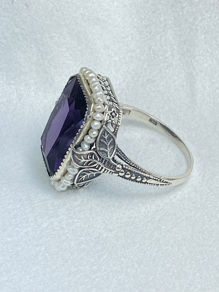 Amethyst Ring, Purple gem with Seed Pearl Frame, Silver Leaf Filigree, Victorian Jewelry D234, Silver Embrace Jewelry