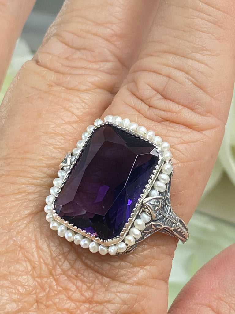 Amethyst Ring, Purple gem with Seed Pearl Frame, Silver Leaf Filigree, Victorian Jewelry D234, Silver Embrace Jewelry