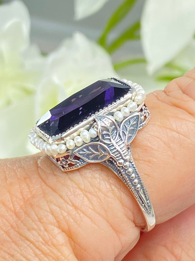 Amethyst Ring, Purple gem with Seed Pearl Frame, Silver Leaf Filigree, Victorian Jewelry D234, Silver Embrace Jewelry