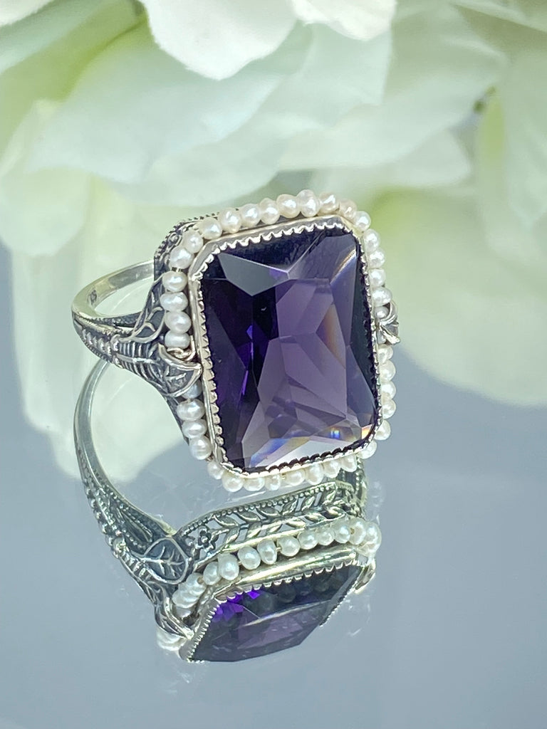 Amethyst Ring, Purple gem with Seed Pearl Frame, Silver Leaf Filigree, Victorian Jewelry D234, Silver Embrace Jewelry