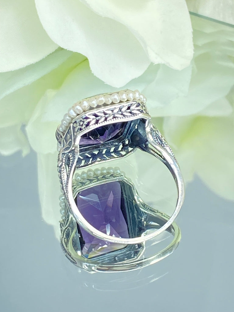 Amethyst Ring, Purple gem with Seed Pearl Frame, Silver Leaf Filigree, Victorian Jewelry D234, Silver Embrace Jewelry