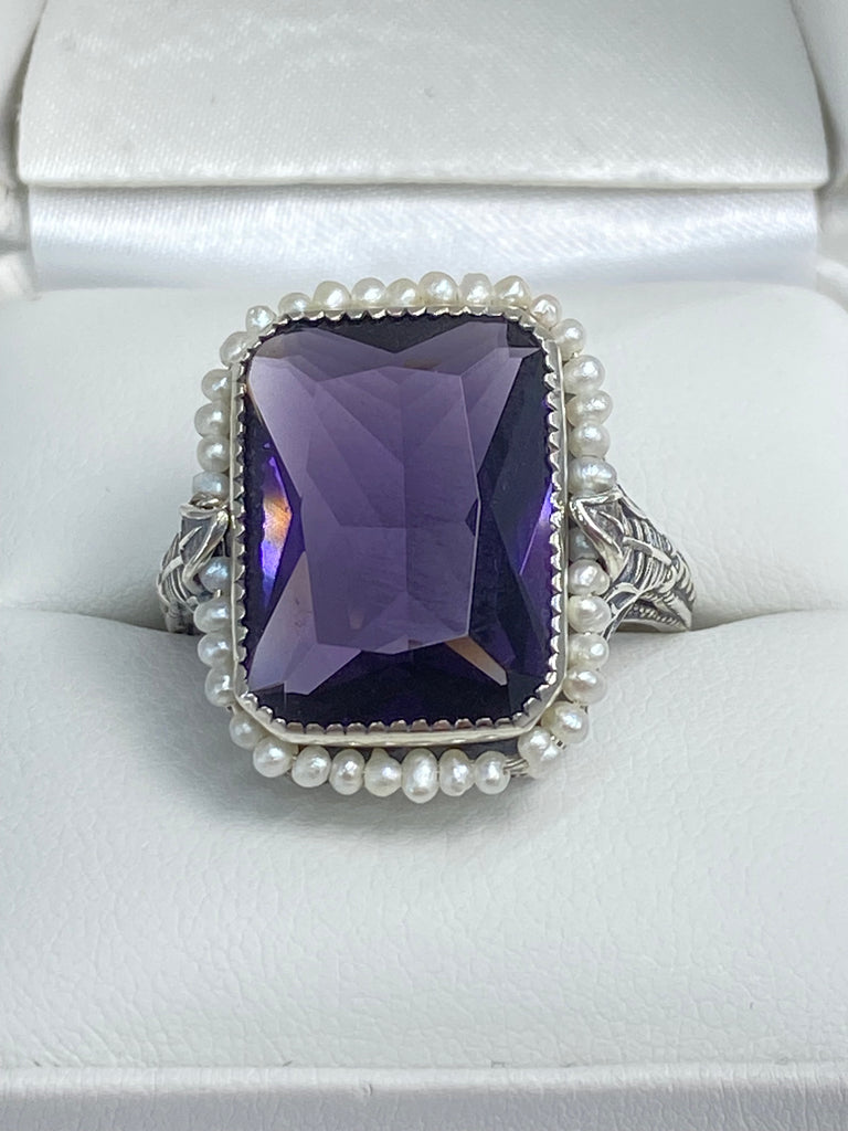 Amethyst Ring, Purple gem with Seed Pearl Frame, Silver Leaf Filigree, Victorian Jewelry D234, Silver Embrace Jewelry