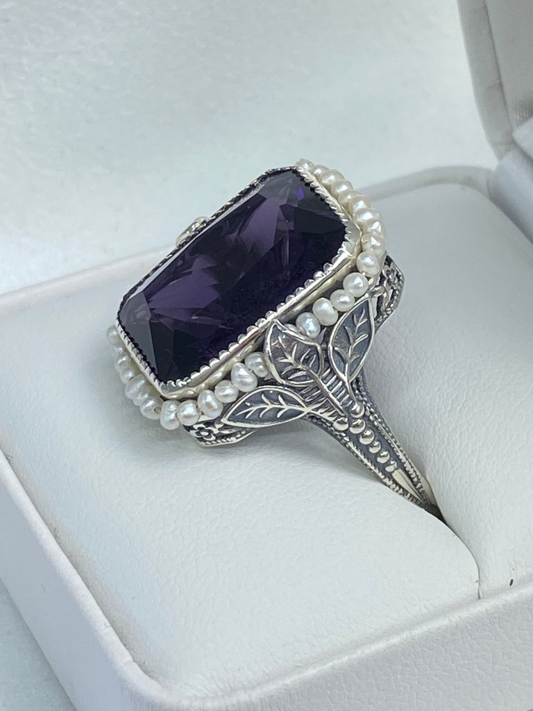 Amethyst Ring, Purple gem with Seed Pearl Frame, Silver Leaf Filigree, Victorian Jewelry D234, Silver Embrace Jewelry