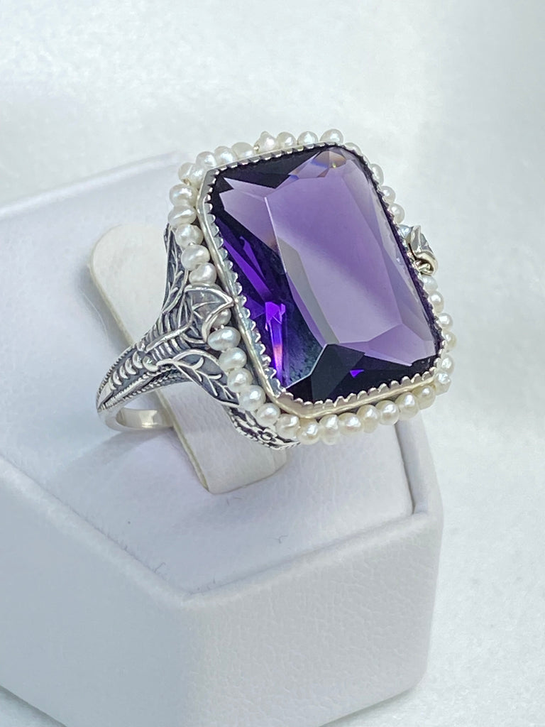 Amethyst Ring, Purple gem with Seed Pearl Frame, Silver Leaf Filigree, Victorian Jewelry D234, Silver Embrace Jewelry