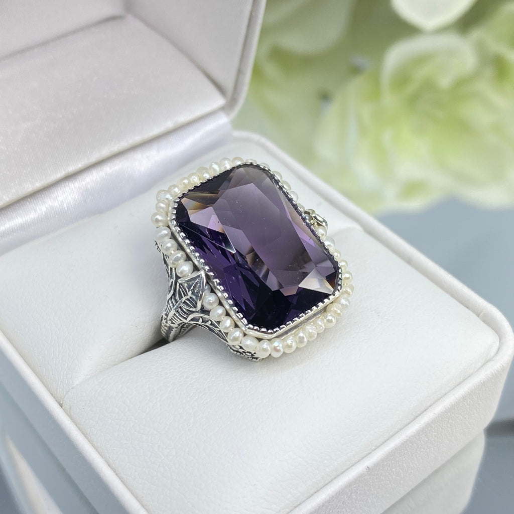 Purple CZ Ring, Amethyst Ring, Seedpearl ring, large rectangle pearl accent ring with floral sterling silver filigree, D234, Silver embrace Jewelry