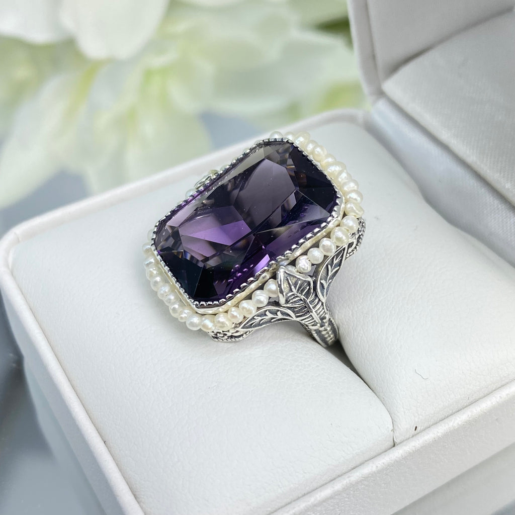 Purple CZ Ring, Amethyst Ring, Seedpearl ring, large rectangle pearl accent ring with floral sterling silver filigree, D234, Silver embrace Jewelry