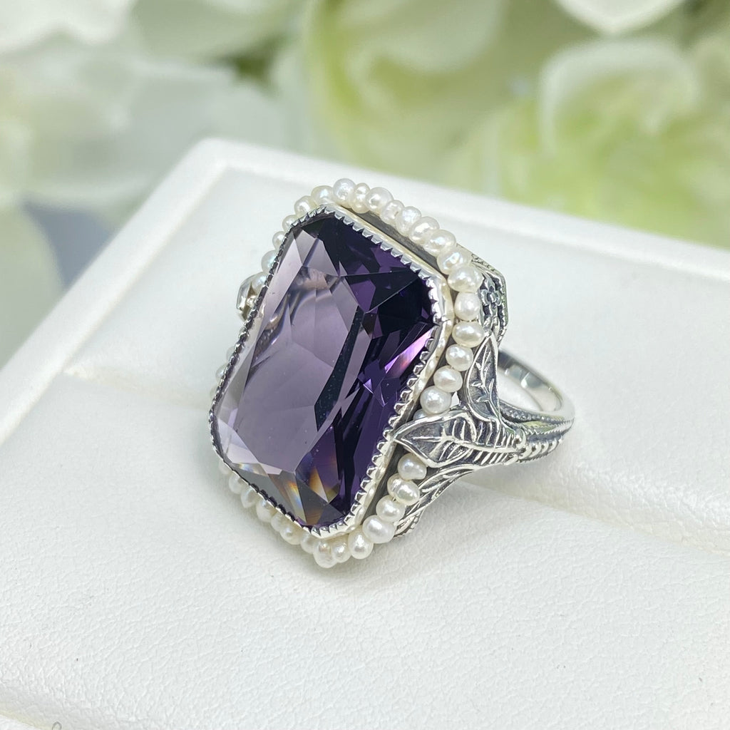 Purple CZ Ring, Amethyst Ring, Seedpearl ring, large rectangle pearl accent ring with floral sterling silver filigree, D234, Silver embrace Jewelry