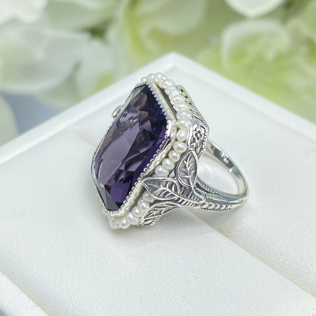 Purple CZ Ring, Amethyst Ring, Seedpearl ring, large rectangle pearl accent ring with floral sterling silver filigree, D234, Silver embrace Jewelry