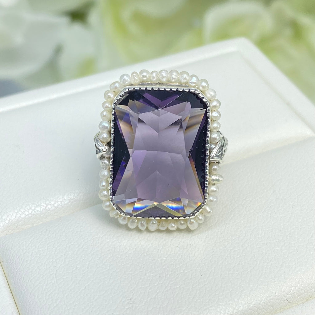 Purple CZ Ring, Amethyst Ring, Seedpearl ring, large rectangle pearl accent ring with floral sterling silver filigree, D234, Silver embrace Jewelry