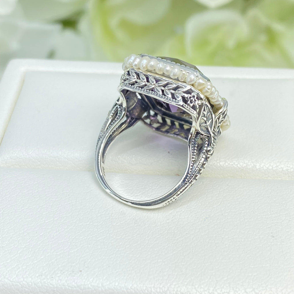 Purple CZ Ring, Amethyst Ring, Seedpearl ring, large rectangle pearl accent ring with floral sterling silver filigree, D234, Silver embrace Jewelry