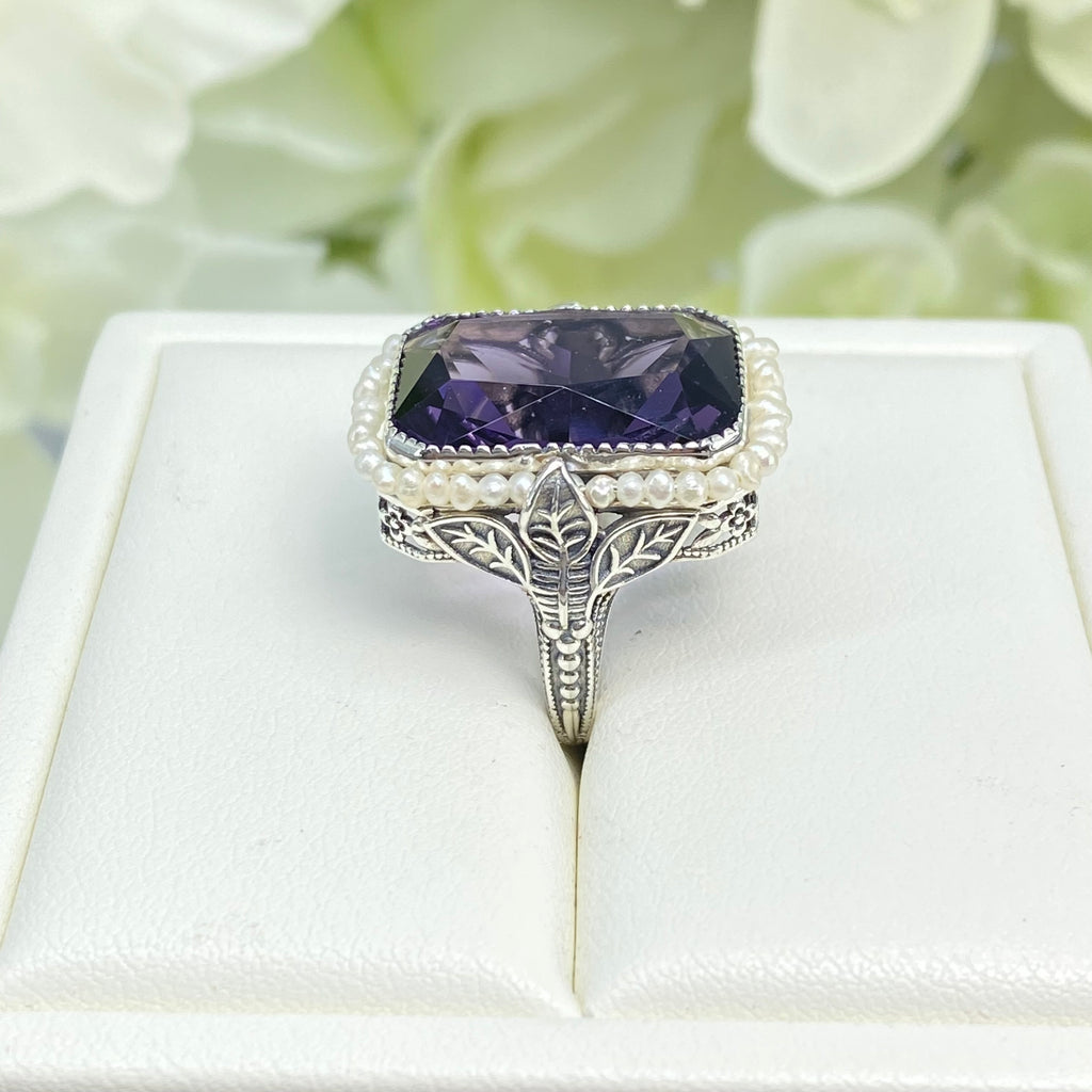 Purple CZ Ring, Amethyst Ring, Seedpearl ring, large rectangle pearl accent ring with floral sterling silver filigree, D234, Silver embrace Jewelry