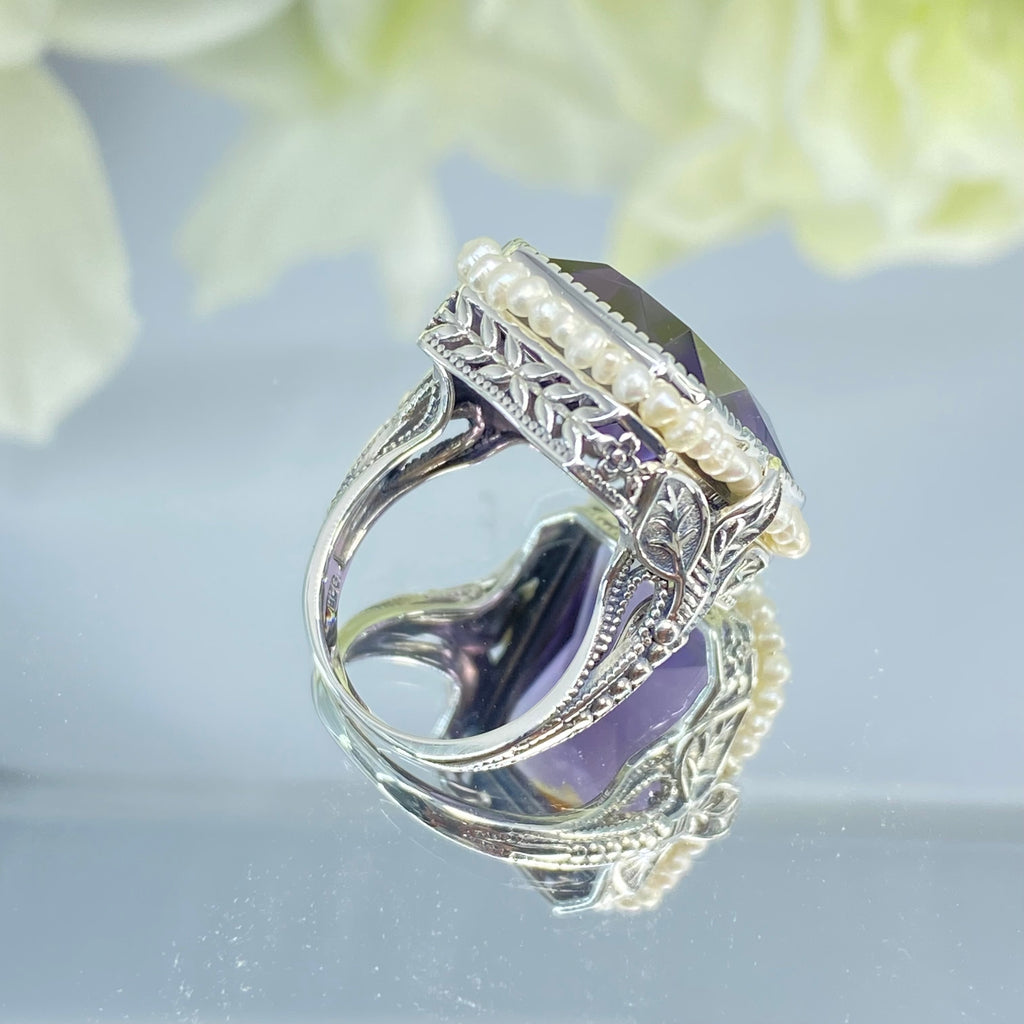 Purple CZ Ring, Amethyst Ring, Seedpearl ring, large rectangle pearl accent ring with floral sterling silver filigree, D234, Silver embrace Jewelry