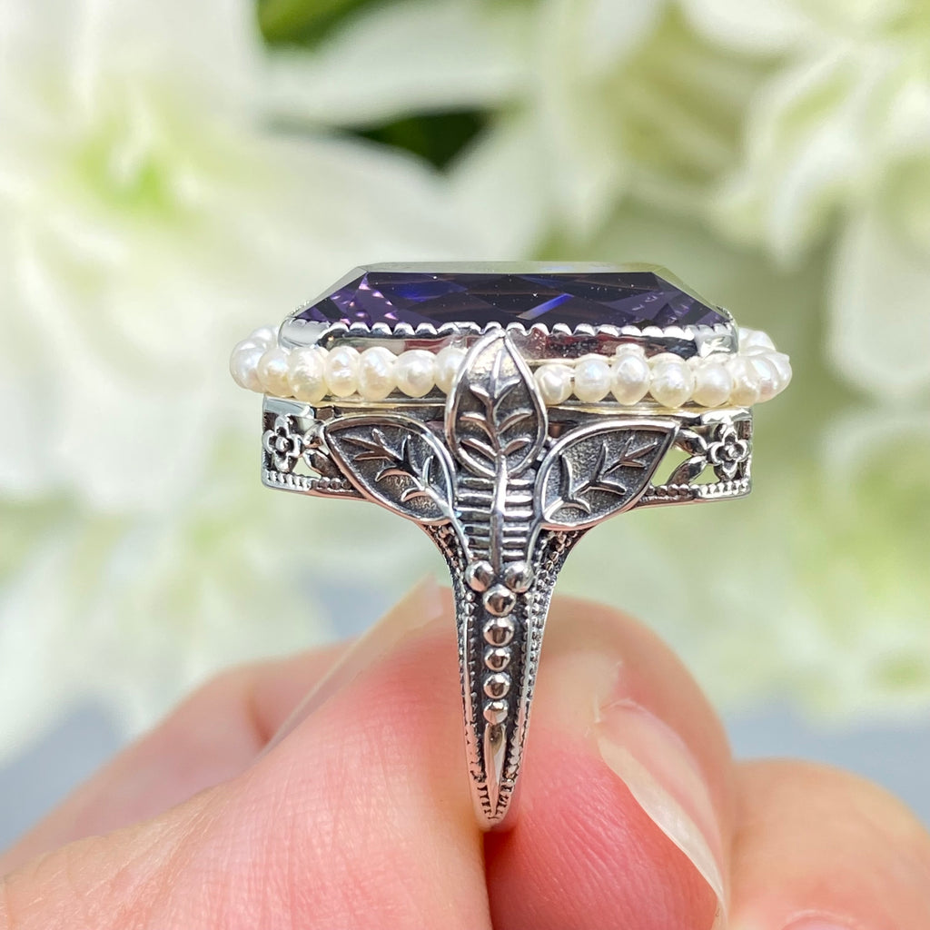 Purple CZ Ring, Amethyst Ring, Seedpearl ring, large rectangle pearl accent ring with floral sterling silver filigree, D234, Silver embrace Jewelry