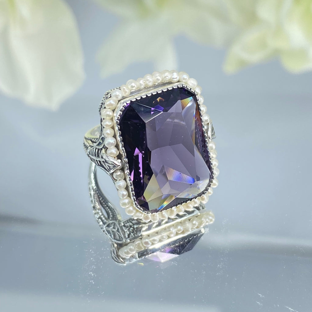 Purple CZ Ring, Amethyst Ring, Seedpearl ring, large rectangle pearl accent ring with floral sterling silver filigree, D234, Silver embrace Jewelry