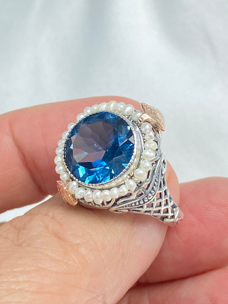 Natural Topaz Ring, London Blue Gemstone, Topaz and Pearl Ring, Victorian design, round gem with seed pearls and rose gold accents, D238, Silver Embrace Jewelry