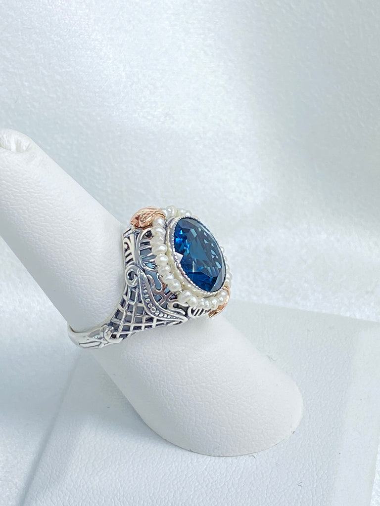 Natural Topaz Ring, London Blue Gemstone, Topaz and Pearl Ring, Victorian design, round gem with seed pearls and rose gold accents, D238, Silver Embrace Jewelry