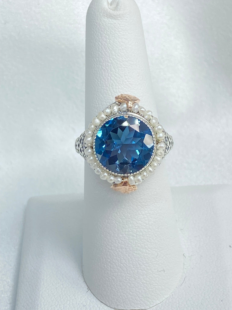 Natural Topaz Ring, London Blue Gemstone, Topaz and Pearl Ring, Victorian design, round gem with seed pearls and rose gold accents, D238, Silver Embrace Jewelry