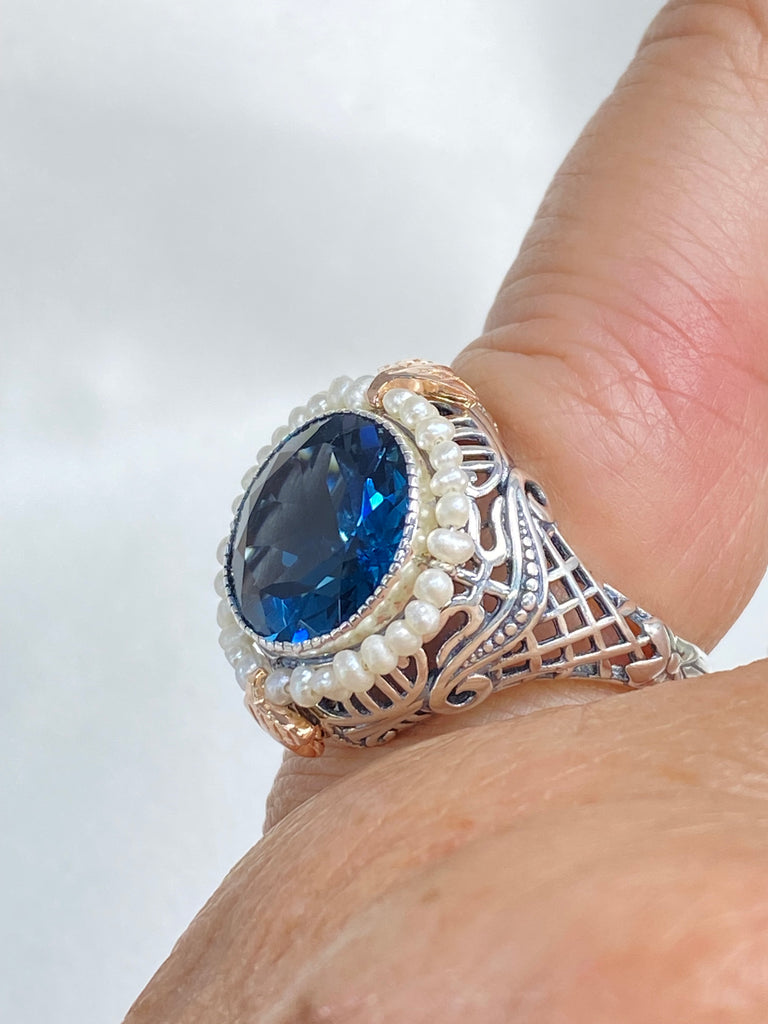 Natural Topaz Ring, London Blue Gemstone, Topaz and Pearl Ring, Victorian design, round gem with seed pearls and rose gold accents, D238, Silver Embrace Jewelry