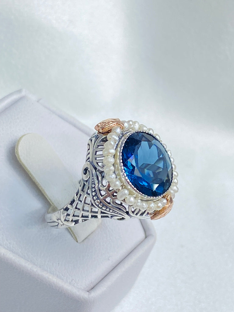 Natural Topaz Ring, London Blue Gemstone, Topaz and Pearl Ring, Victorian design, round gem with seed pearls and rose gold accents, D238, Silver Embrace Jewelry