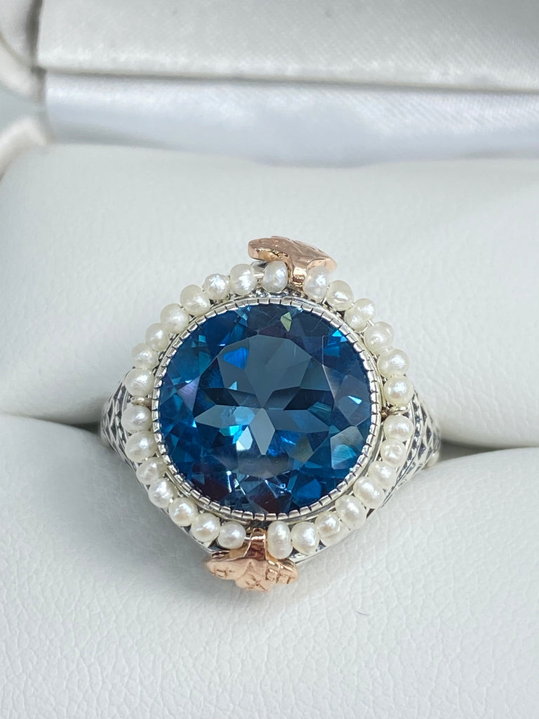 Natural Topaz Ring, London Blue Gemstone, Topaz and Pearl Ring, Victorian design, round gem with seed pearls and rose gold accents, D238, Silver Embrace Jewelry