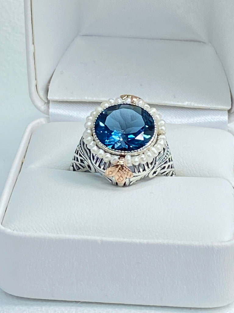 Natural Topaz Ring, London Blue Gemstone, Topaz and Pearl Ring, Victorian design, round gem with seed pearls and rose gold accents, D238, Silver Embrace Jewelry